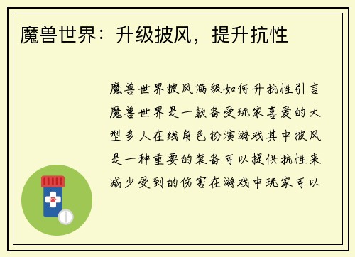 魔兽世界：升级披风，提升抗性